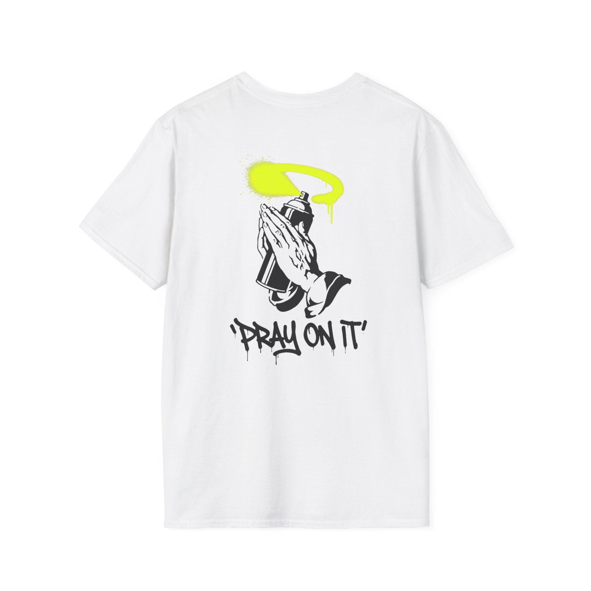 Pray On It T-Shirt — Graphic Praying Hands with Neon Halo