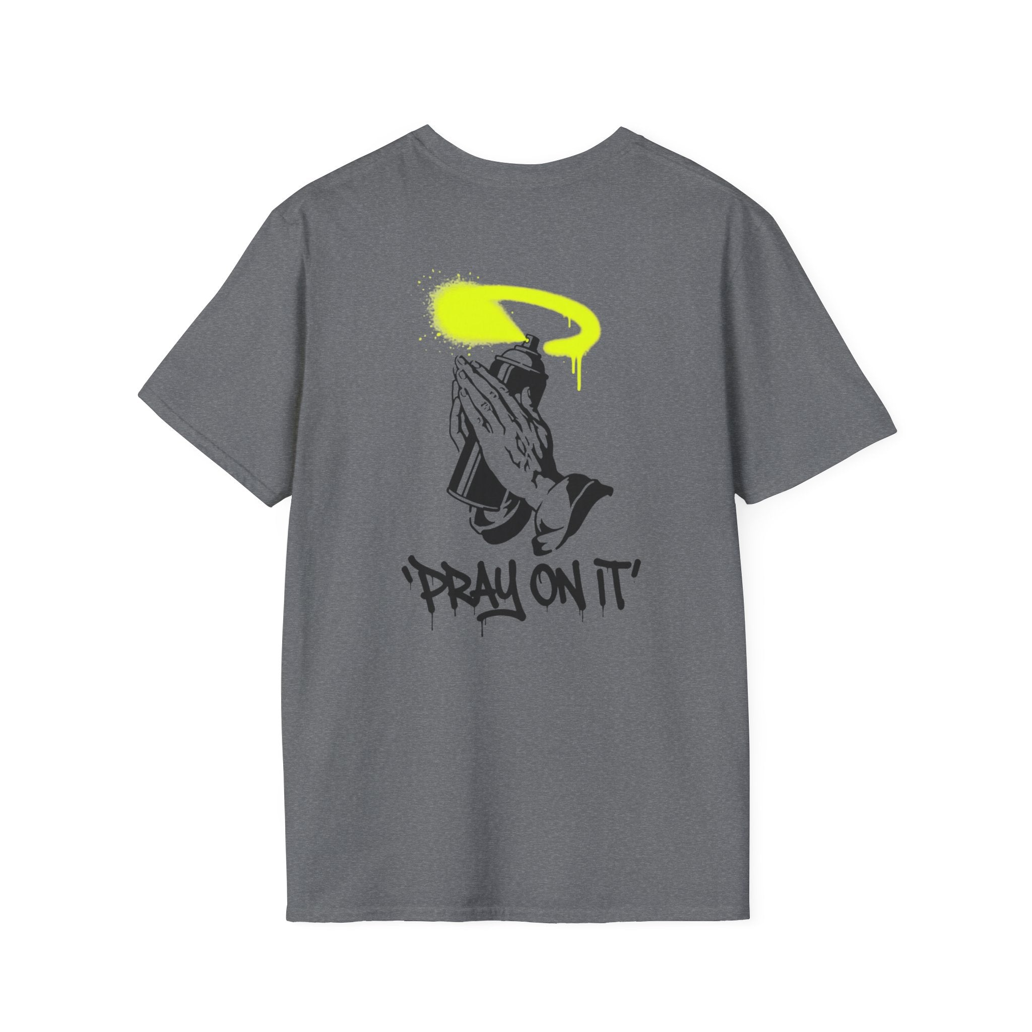 Pray On It T-Shirt — Graphic Praying Hands with Neon Halo