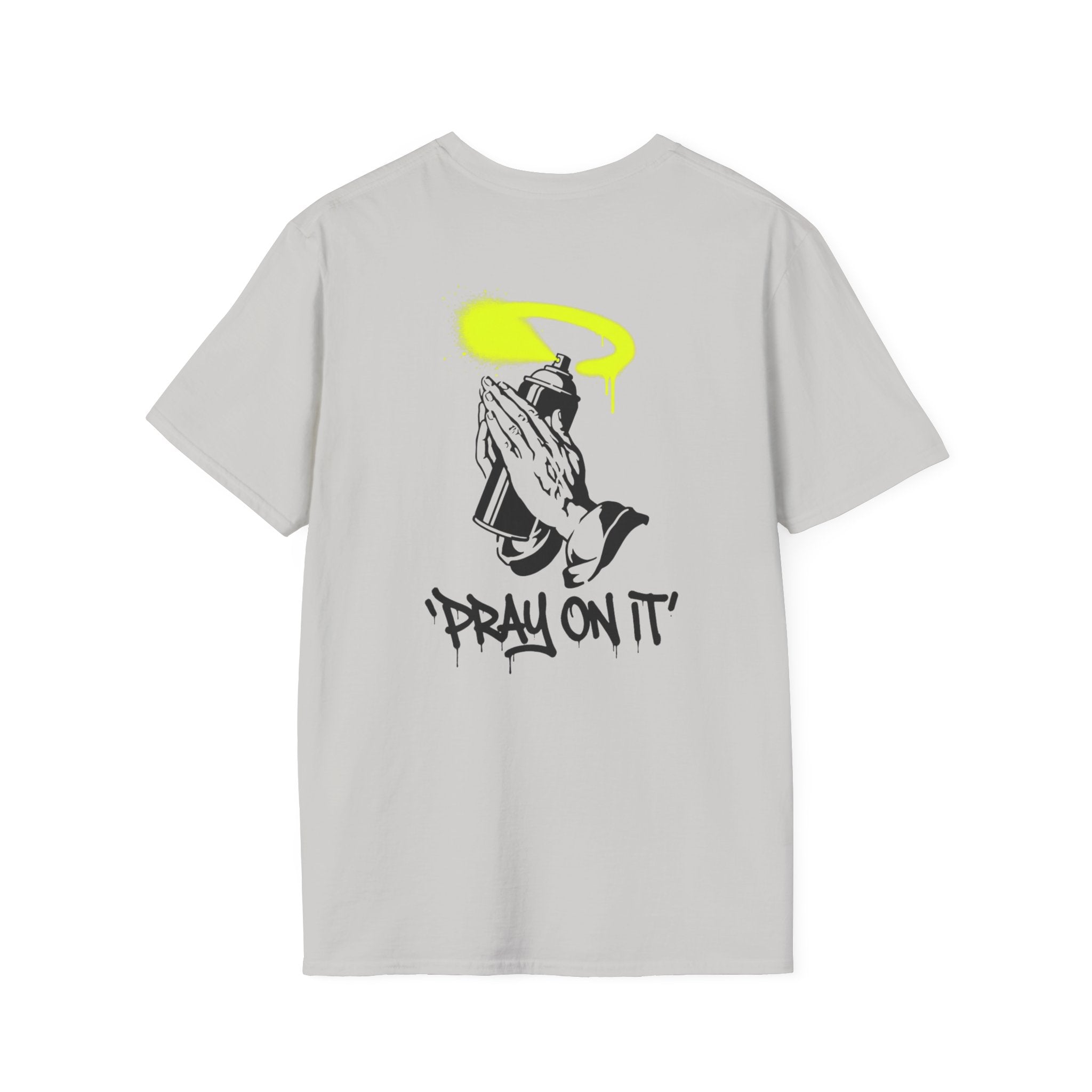 Pray On It T-Shirt — Graphic Praying Hands with Neon Halo