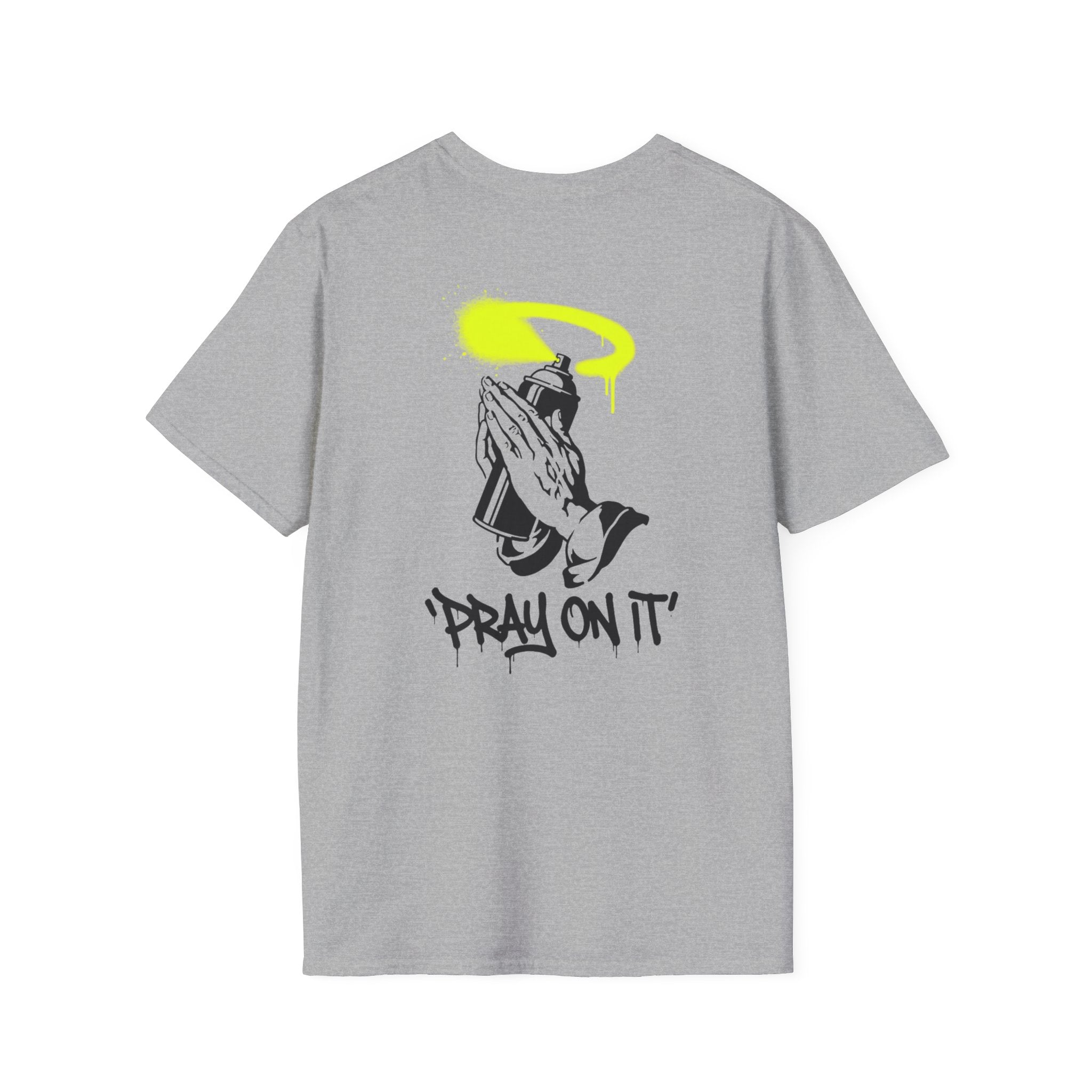 Pray On It T-Shirt — Graphic Praying Hands with Neon Halo