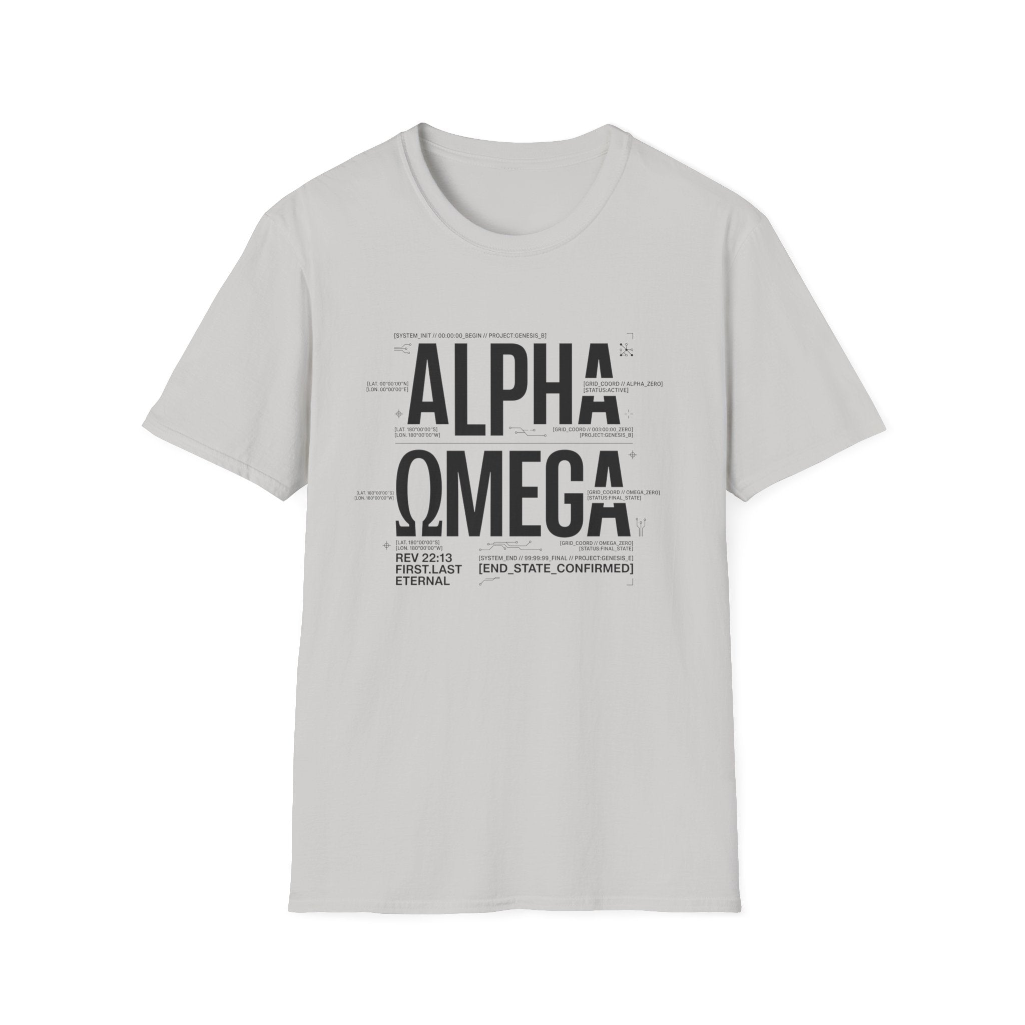 Alpha Omega T-Shirt — Minimal Christian Faith Typography Tee