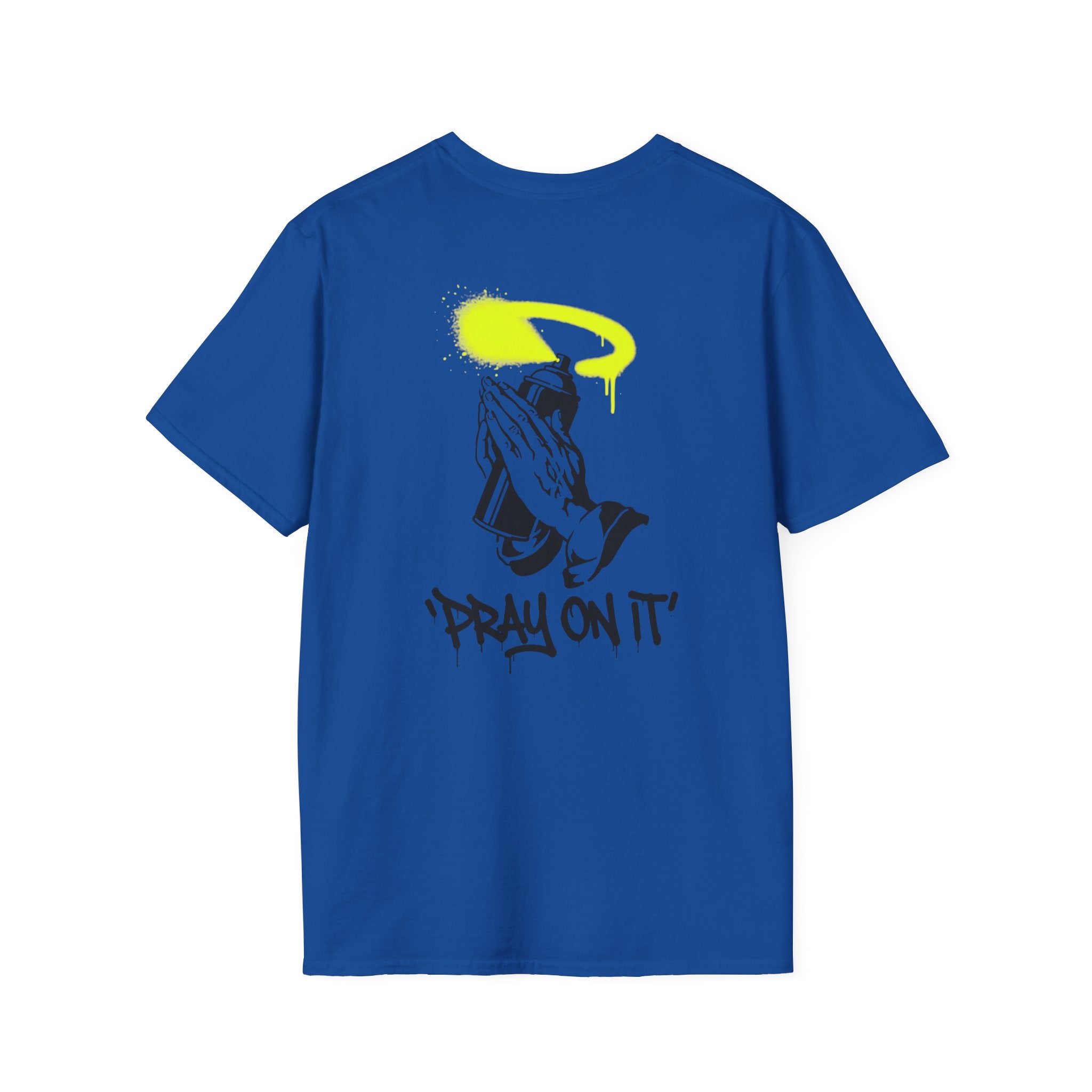 Pray On It T-Shirt — Graphic Praying Hands with Neon Halo