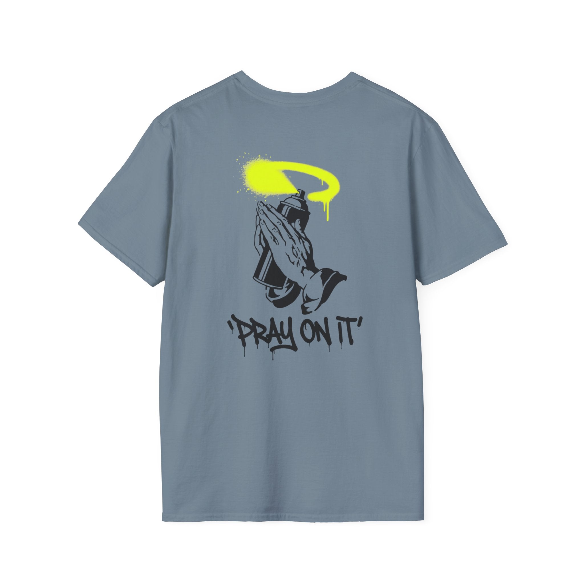 Pray On It T-Shirt — Graphic Praying Hands with Neon Halo